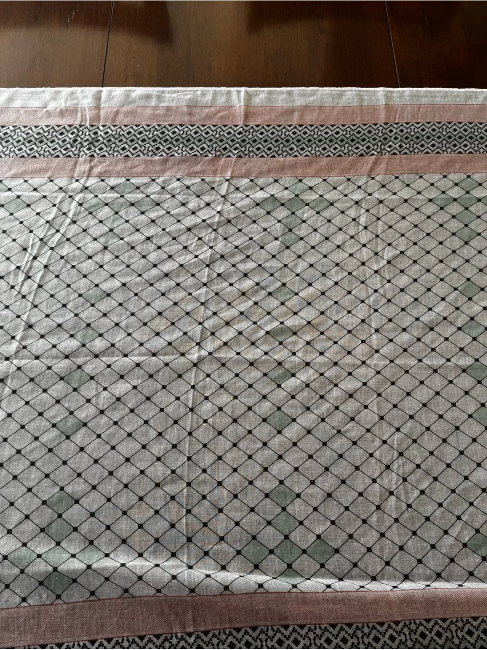 Lightweight White Scarf with Pink and Mint Geometric Border